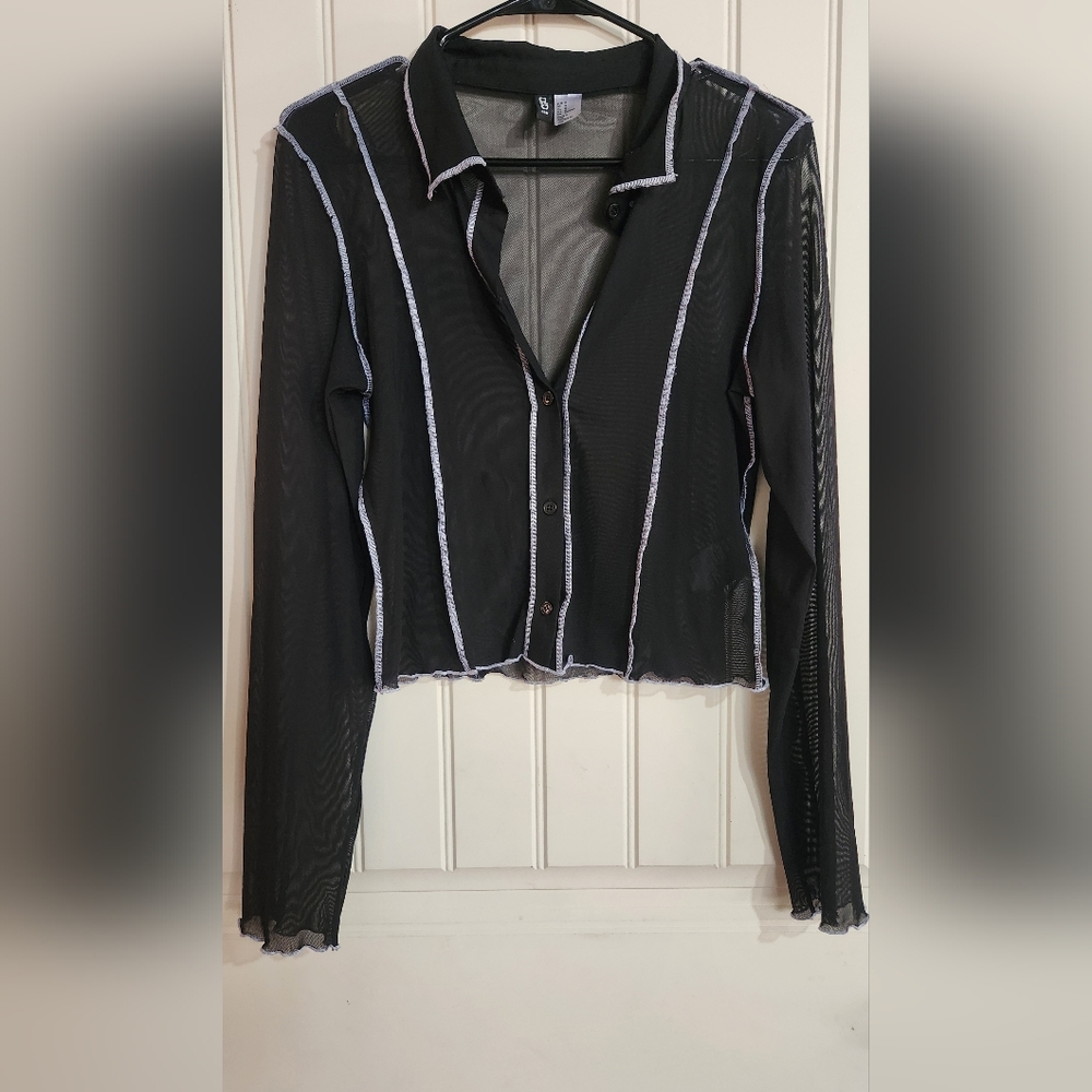 H&M Black Sheer Button-Down with White Trim